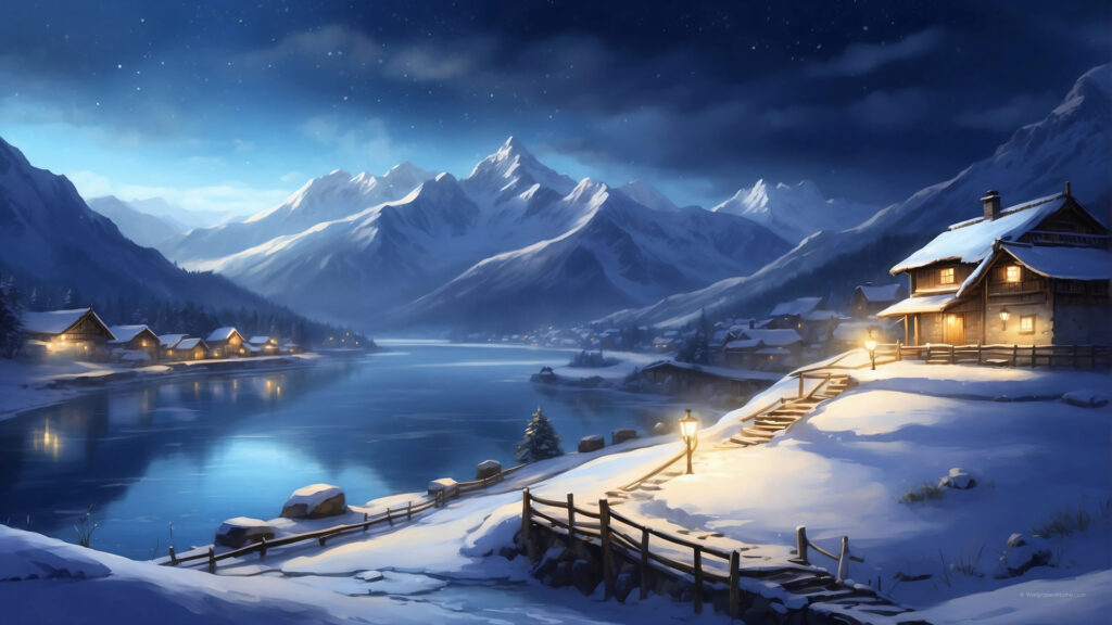 美丽的冬季风景 夜晚 雪景 雪山 湖水 房子 灯光 桌面壁纸1920x1080高清大图